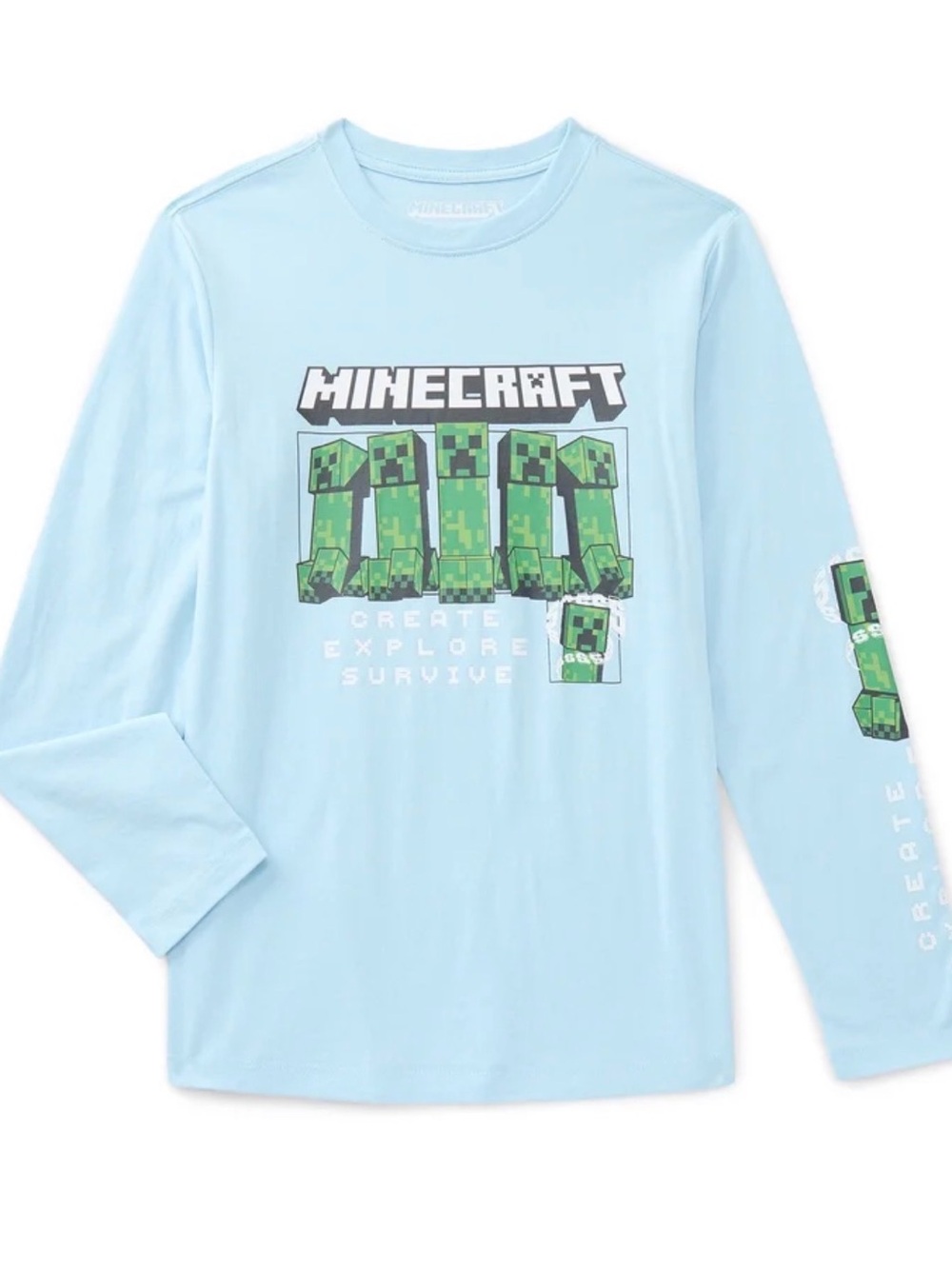 XS-Minecraft Creeper Long Sleeve Shirt with green pixelated creepers graphic